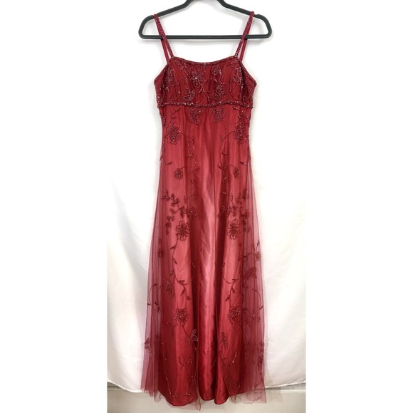 Cache Dresses & Skirts - VTG Y2K Cache Red Pink Ombre Beaded Gown Dress Mesh Overlay Womens Size 4 FLAWS